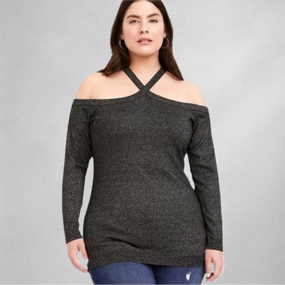 Torrid Women’s Sweater 1X Black Metallic Cold Shoulder Crisscross  Party New 20 - Picture 1 of 8